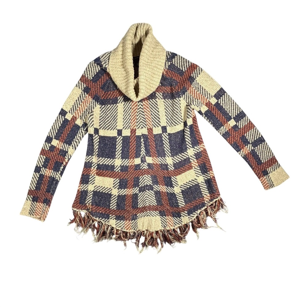 New Directions Plaid Turtleneck Sweater Fringe Tunic Top Women's‎ Size L